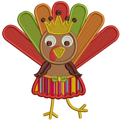 Pretty Girl Turkey With a Crown and Waering Skirt Thanksgiving Applique Machine Embroidery Digitized Design Pattern