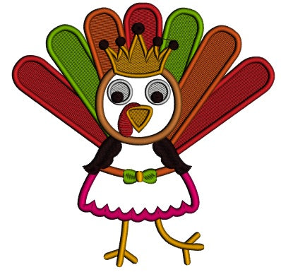 Pretty Girl Turkey With a Crown and Waering Skirt Thanksgiving Applique Machine Embroidery Digitized Design Pattern