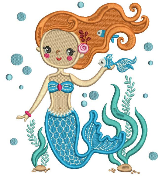 Pretty Mermaid Holding a Fish Filled Machine Embroidery Design Digitized Pattern