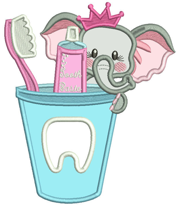 Princess Elephant Brushing Teeth Applique Machine Embroidery Design Digitized Pattern