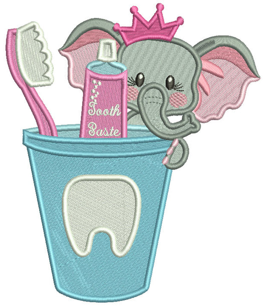 Princess Elephant Brushing Teeth Filled Machine Embroidery Design Digitized Pattern