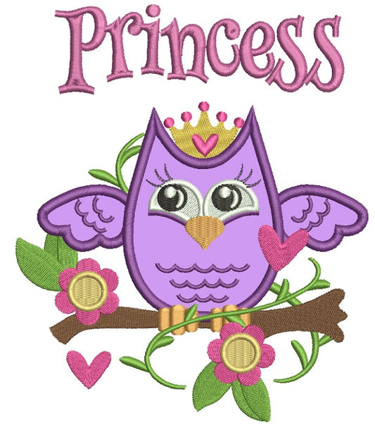Princess Owl Sitting on the Branch Applique Machine Embroidery Design Digitized Pattern