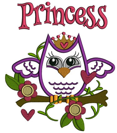 Princess Owl Sitting on the Branch Applique Machine Embroidery Design Digitized Pattern