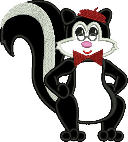 Professor Skunk with a Bow Tie Applique Machine Embroidery Digitized Design Pattern