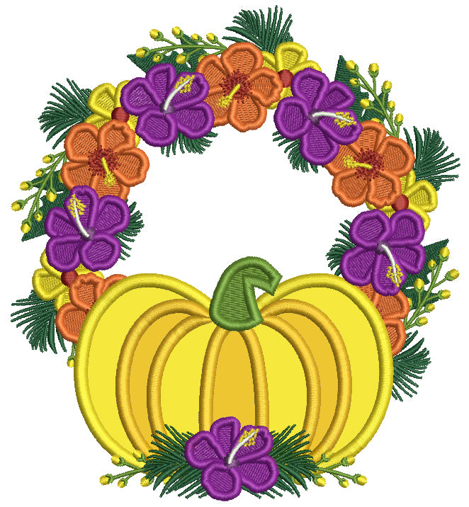 Pumpkin And Fall Flowers Wreath Applique Machine Embroidery Design Digitized Pattern