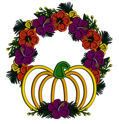 Pumpkin And Fall Flowers Wreath Applique Machine Embroidery Design Digitized Pattern