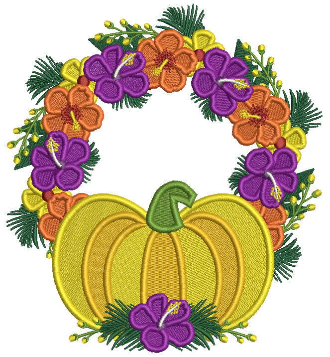 Pumpkin And Fall Flowers Wreath Filled Machine Embroidery Design Digitized Pattern