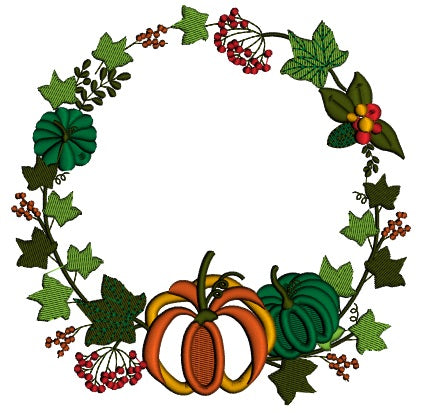 Pumpkin And Fall Leaves Wreath Thanksgiving Applique Machine Embroidery Design Digitized Pattern