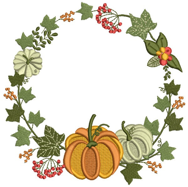 Pumpkin And Fall Leaves Wreath Thanksgiving Filled Machine Embroidery Design Digitized Pattern