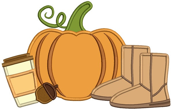 Pumpkin Coffee And Boots Fall Thanksgiving Applique Machine Embroidery Design Digitized Pattern