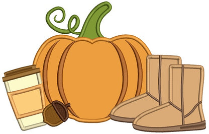 Pumpkin Coffee And Boots Fall Thanksgiving Applique Machine Embroidery Design Digitized Pattern