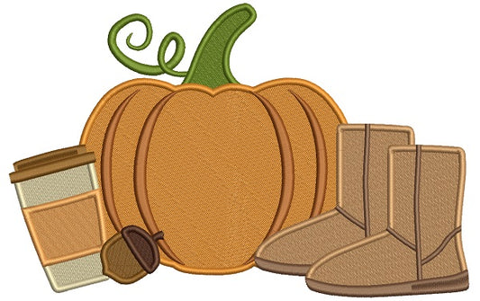 Pumpkin Coffee And Boots Fall Thanksgiving Filled Machine Embroidery Design Digitized Pattern
