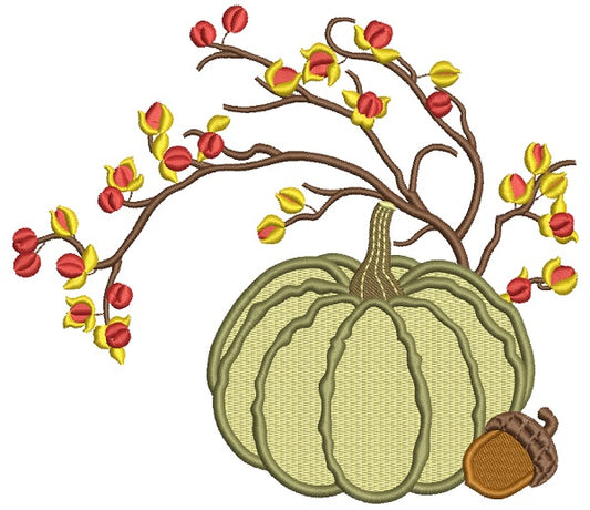 Pumpkin Eggcorn And Tree Branches Fall Filled Machine Embroidery Design Digitized Pattern
