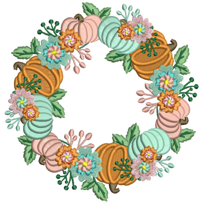 Pumpkin Flowers And Leaves Wreath Filled Machine Embroidery Design Digitized Pattern