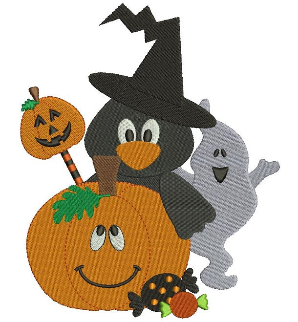 Pumpkin Ghost and Crow Halloween Filled Machine Embroidery Design Digitized Pattern
