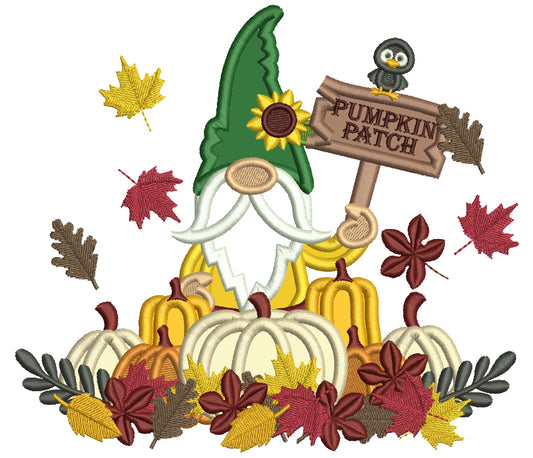 Pumpkin Patch Gnome With Fall Leaves Applique Machine Embroidery Design Digitized Pattern