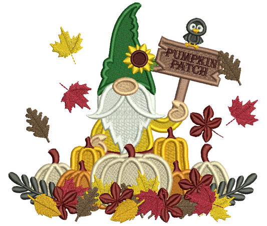 Pumpkin Patch Gnome With Fall Leaves Filled Machine Embroidery Design Digitized Pattern