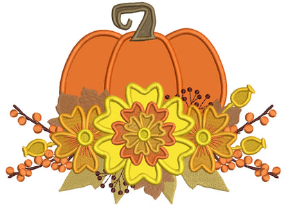 Pumpkin With Fall Flowers Applique Machine Embroidery Design Digitized Pattern