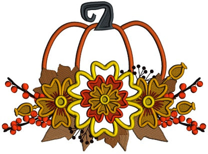 Pumpkin With Fall Flowers Applique Machine Embroidery Design Digitized Pattern