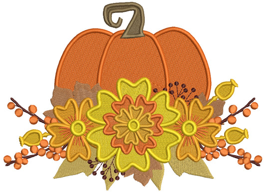 Pumpkin With Fall Flowers Filled Machine Embroidery Design Digitized Pattern