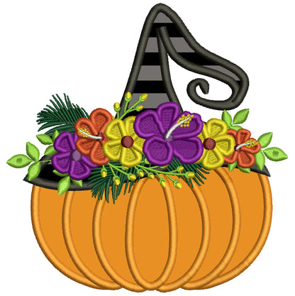 Pumpkin With Flowers and Witch Hat Applique Machine Embroidery Design Digitized Pattern