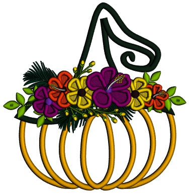 Pumpkin With Flowers and Witch Hat Applique Machine Embroidery Design Digitized Pattern