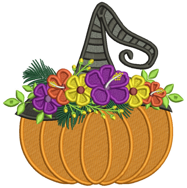 Pumpkin With Flowers and Witch Hat Filled Machine Embroidery Design Digitized Pattern