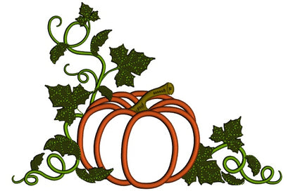 Pumpkin With Many Green Leaves Applique Machine Embroidery Design Digitized Pattern