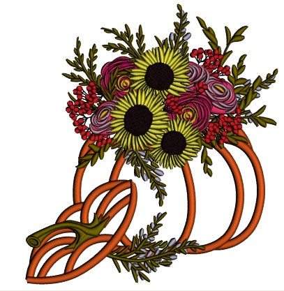 Pumpkin With Sunflower Bouquet Thanksgiving Applique Machine Embroidery Design Digitized Pattern