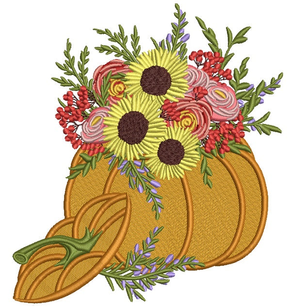 Pumpkin With Sunflower Bouquet Thanksgiving Filled Machine Embroidery Design Digitized Pattern