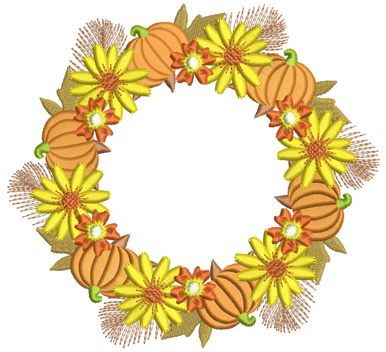Pumpkin Wreath With Flowers Fall Filled Machine Embroidery Design Digitized Pattern