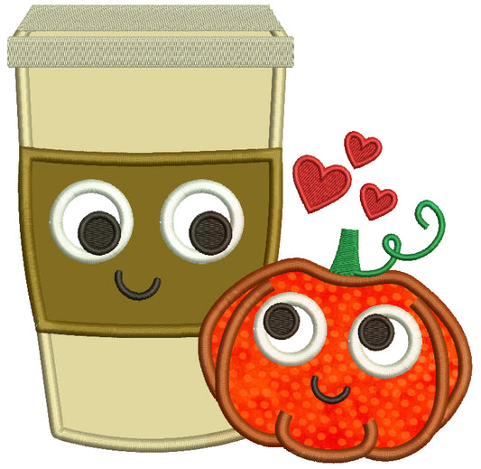 Pumpkin and Coffee Cup Applique Machine Embroidery Digitized Design Pattern