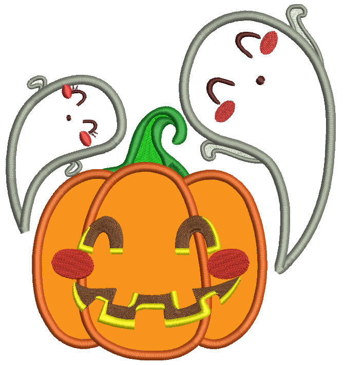 Pumpkin and Two Friendly Ghosts Halloween Applique Machine Embroidery Design Digitized Pattern