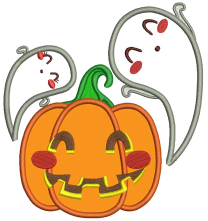 Pumpkin and Two Friendly Ghosts Halloween Applique Machine Embroidery Design Digitized Pattern