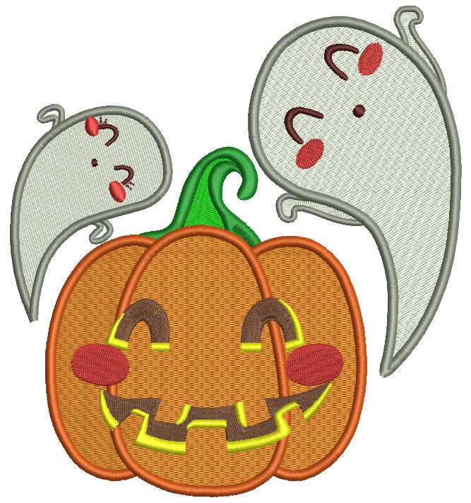 Pumpkin and Two Friendly Ghosts Halloween Filled Machine Embroidery Design Digitized Pattern