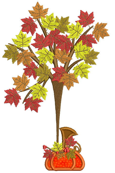 Pumpkin and a Tree Fall Applique Machine Embroidery Digitized Design Pattern