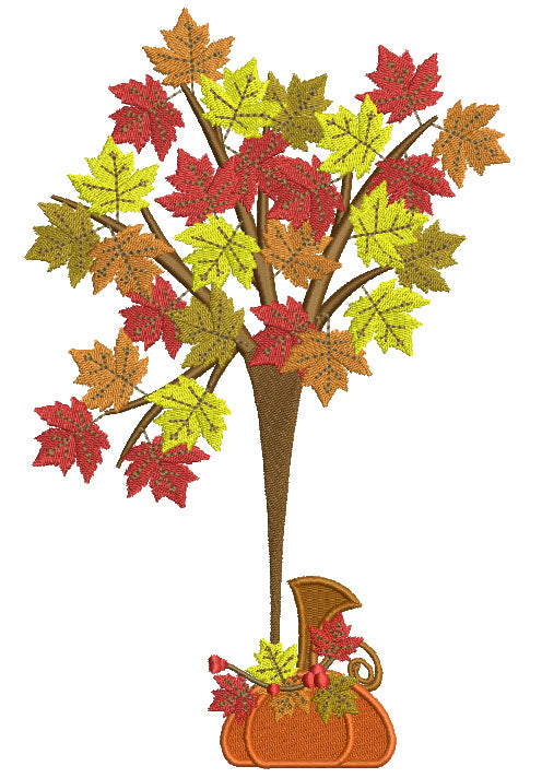 Pumpkin and a Tree Fall Filled Machine Embroidery Digitized Design Pattern