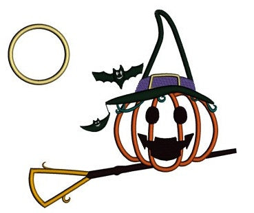 Pumpkin on a broom Halloween Applique Machine Embroidery Digitized Pattern - Instant Download - 4x4 , 5x7, 6x10