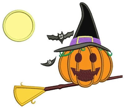 Pumpkin on a broom Halloween Applique Machine Embroidery Digitized Pattern - Instant Download - 4x4 , 5x7, 6x10