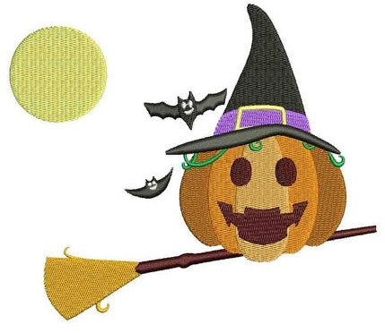 Pumpkin on a broom Halloween Filled Machine Embroidery Digitized Pattern - Instant Download - 4x4 , 5x7, 6x10