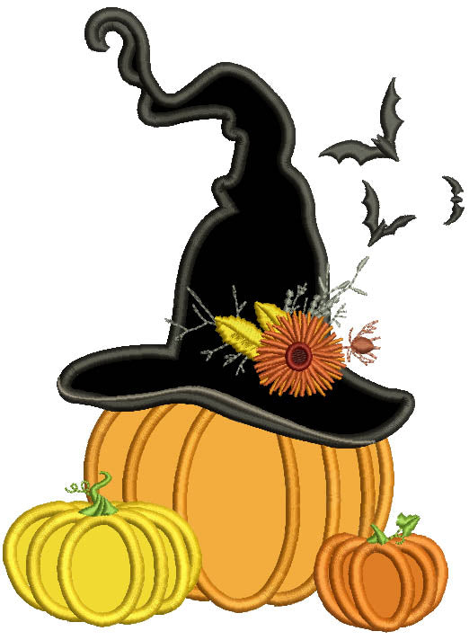 Pumpking Wearing Witch Hat With Flying Bats Halloween Applique Machine Embroidery Design Digitized Pattern