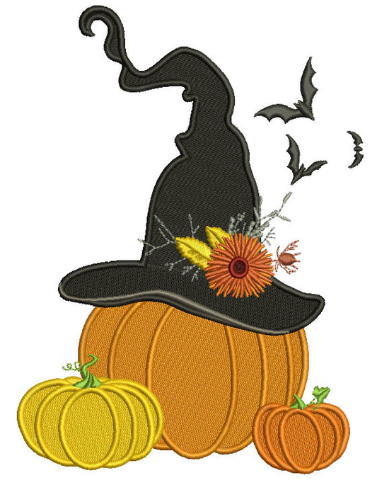 Pumpking Wearing Witch Hat With Flying Bats Halloween Filled Machine Embroidery Design Digitized Pattern