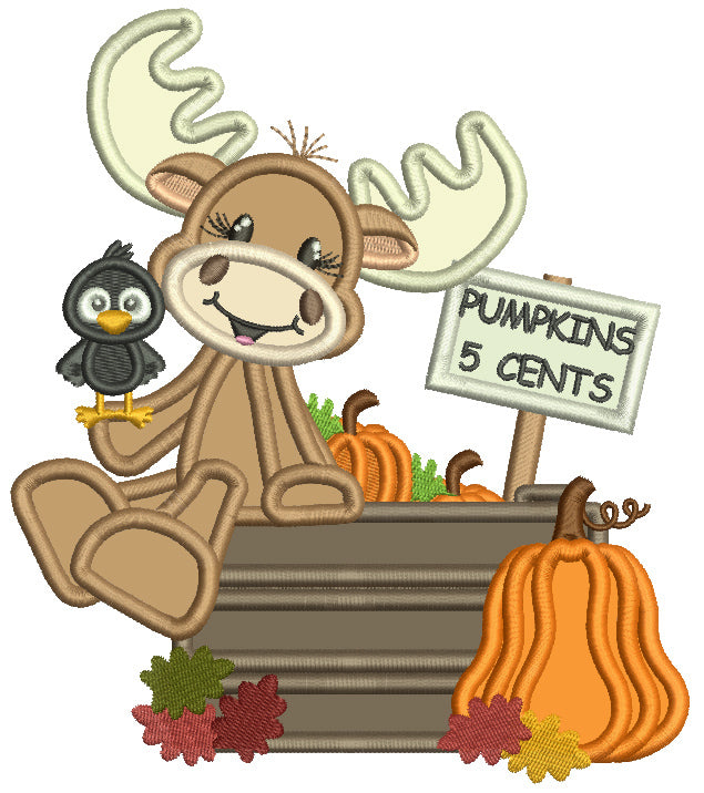 Pumpkins 5 Cents Cute Moose And a Crow Applique Thanksgiving Machine Embroidery Design Digitized Pattern