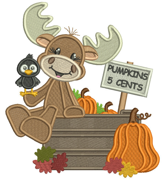 Pumpkins 5 Cents Cute Moose And a Crow Filled Thanksgiving Machine Embroidery Design Digitized Pattern