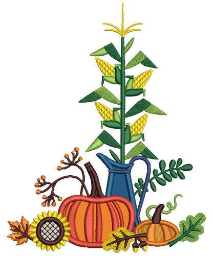 Pumpkins Leaves And Corn Thanksgiving Applique Machine Embroidery Design Digitized Pattern