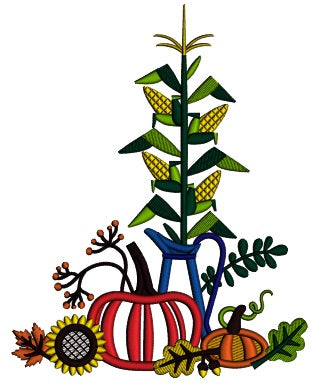 Pumpkins Leaves And Corn Thanksgiving Applique Machine Embroidery Design Digitized Pattern