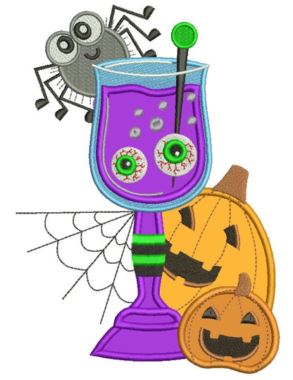 Pumpkins Spider and a Glass with Eyes Inside Witch Halloween Applique Machine Embroidery Digitized Design Pattern