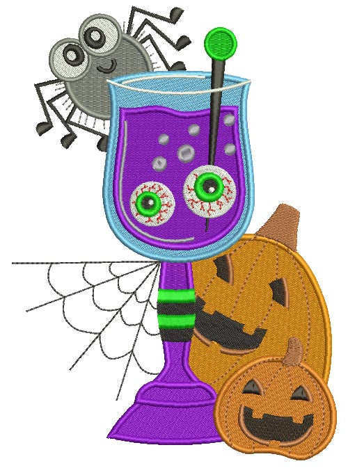 Pumpkins Spider and a Glass with Eyes Inside Witch Halloween Filled Machine Embroidery Digitized Design Pattern