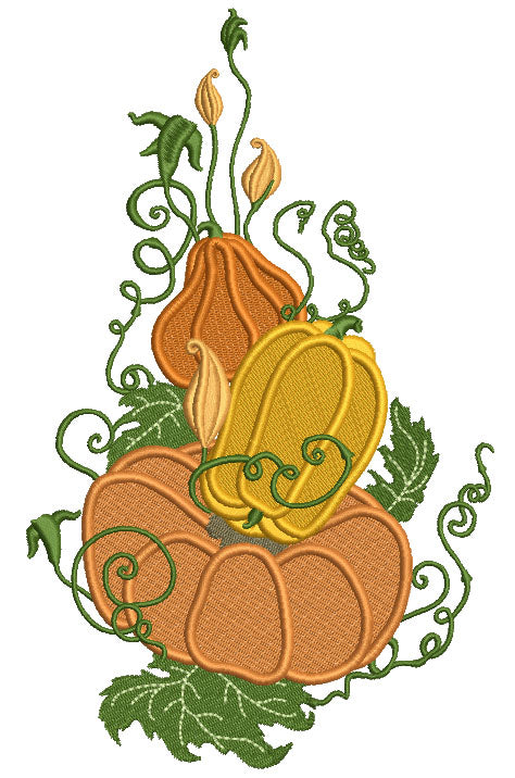 Pumpkins With Ornamental Leaves Fall Thanksgiving Filled Machine Embroidery Design Digitized Pattern