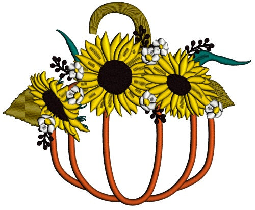 Pumpkins With Sunflowers Thanksgiving Applique Machine Embroidery Design Digitized Pattern